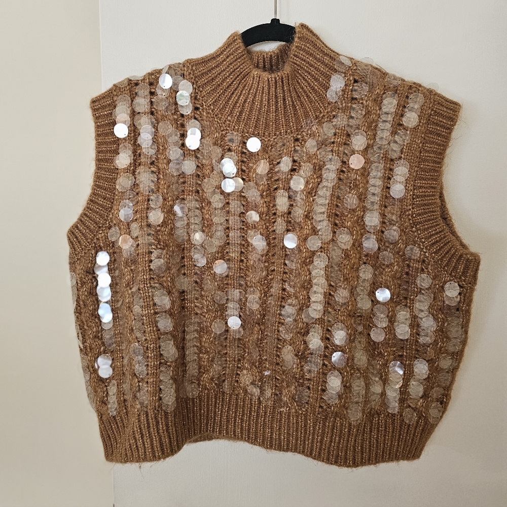 NWT ZARA Caramel Sequin Sweater Vest